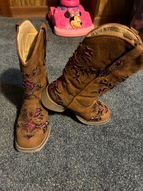 Roper Brown Suede Kids Boots with Pink Embroidery